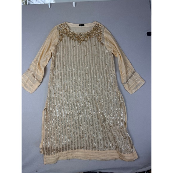 Agha Noor Tops - Agha Noor Women M Gold Sequin Floral Embroidered Kurta Tunic Beige Chiffon